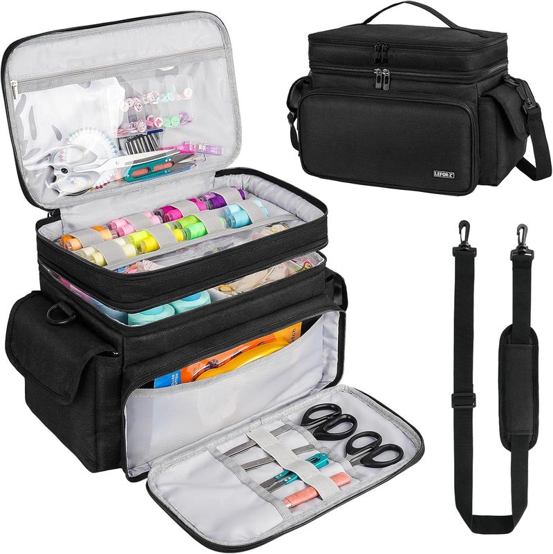 LEFORZ Large Sewing Supplies Organizer(13 x 8 x 9 in),Double-Layer Sewing Accessories Storage and Organizer Case Bag,Protable Travel Sewing Box Sewing Basket for Sewing Tools,Black(Bag Only) - Image 1